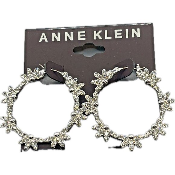 Anne Klein Silver Pave Crystal Flowers Ball Detail Wreath Shaped Hinge Earrings - Picture 2 of 2